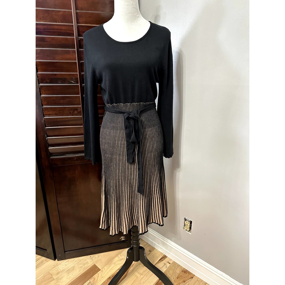 Spense Womens A Line Dress Black Tan Pleated Belted Scoop Neck Long Sleeve S